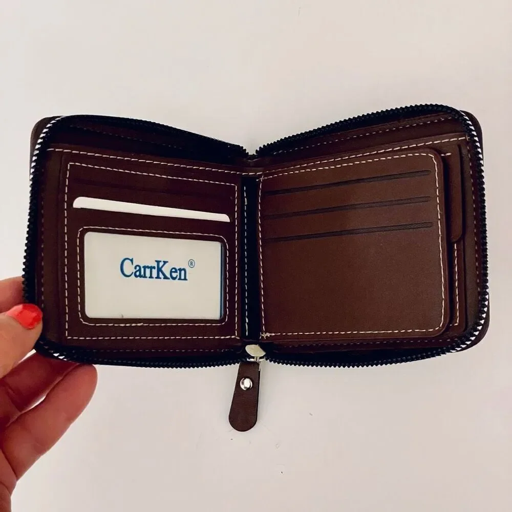 NWT Gorgeous Carrken Style Men’s Brown Pu Suede Leather all around Zip Wallet
